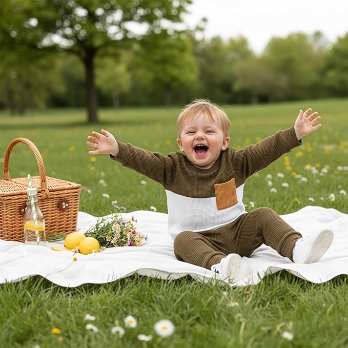 Toddler Baby Boy Fall Outfit Long Sleeve Crew Neck Contrast Color Sweatshirt Top Pant Cute Newborn Infant Waffle Clothes