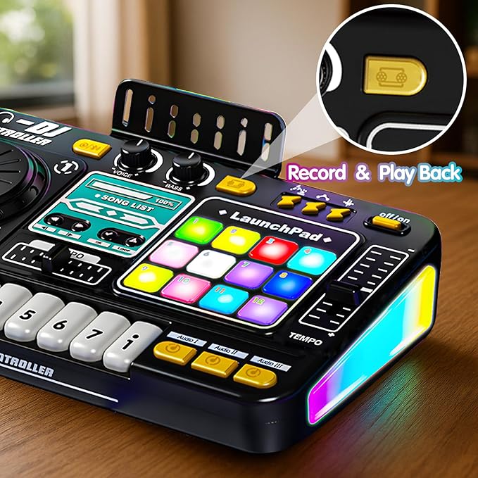 Kids DJ Mixer Controller Table Musical Toy Electronic Toy with LED Lights Sound Effect Microphone Piano DJ Board Key Musical Instruments Birthday Gift Toys for 3 4 5 6 7 Year Old Boy Girl