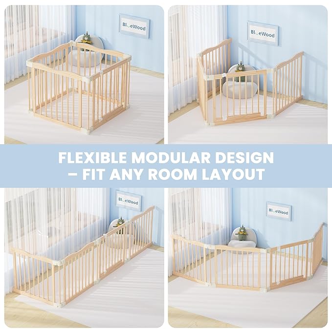 Foldable Wooden Playpen - Adjustable Wood Baby Play Yard with Child-Proof Lock, Indoor Large Safety Fence for Babies and Toddlers - Easy Assembly, 30 x 30 x 24 inches, Nature Nest