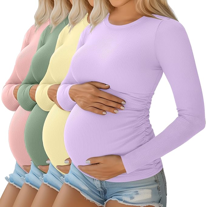 Ficerd 4 Pack Women's Maternity Shirts Cotton Long Sleeve Ribbed Crew Neck Pregnancy Tops Side Ruched Casual Mama Clothes