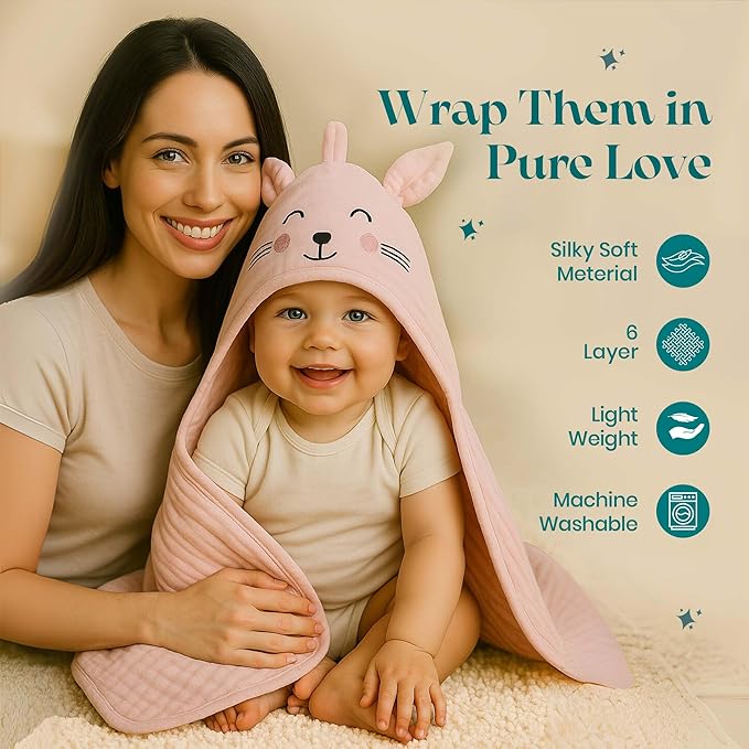 Chungie Soft Muslin Hooded Baby Towels 32x32 inches – 100% Cotton, 6-Layer Breathable Newborn Bath Towels with Hood, Pack of 2 (Printed + Embroidered)