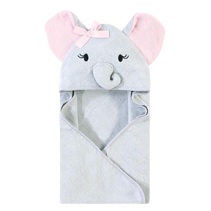 Touched by Nature Unisex Baby Organic Cotton Animal Face Hooded Towels, Girl Elephant, One Size