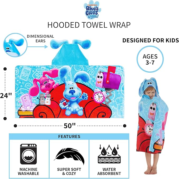 Blues Clues Bath/Pool/Beach Soft Cotton Terry Hooded Towel Wrap, 24 in x 50 in, By Franco Kids