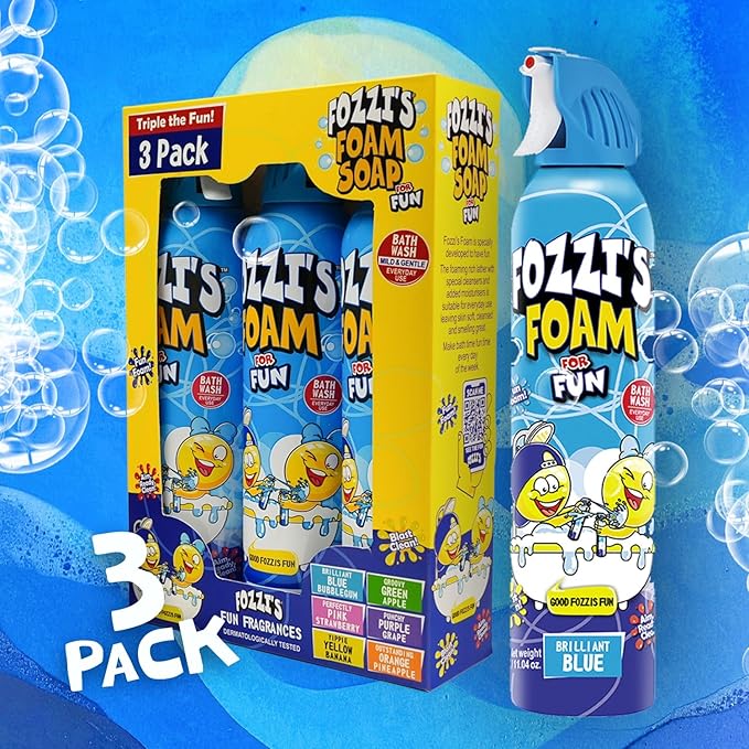 FOZZI'S Brilliant Blue Bath Foam Soap for Kids (3 Pack) - Fun Aerosol Spray - Fluffy Bubble Soap for Playtime - Gentle Cleanser Foaming Body Wash - Safe Bath Fun for Everyday Wash