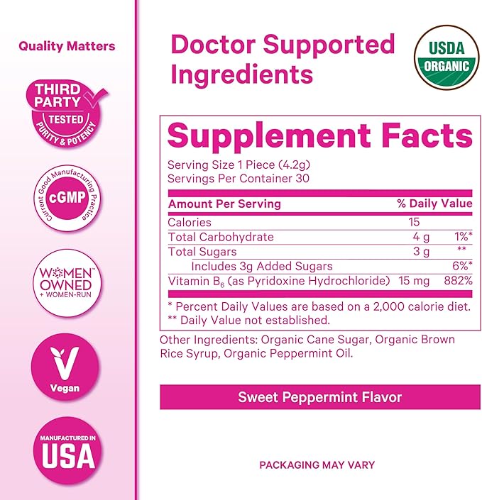 Pink Stork Organic Peppermint Sweets for Morning Sickness and Motion Sickness Support, Added Vitamin B6, 1st Trimester Pregnancy Must Haves - 30 Wrapped Peppermint Candies