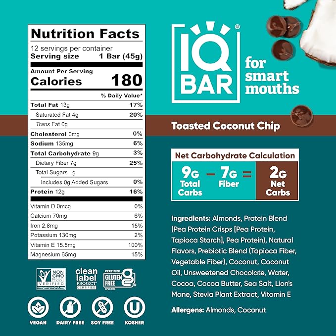 IQBAR Brain and Body Clean Plant Protein Bars - Toasted Coconut Chip - 36 Bars - Keto, Vegan, High Fiber, Gluten and Dairy Free, Low Sugar Snack with Nutrients for Focus, Energy, Meal Replacement