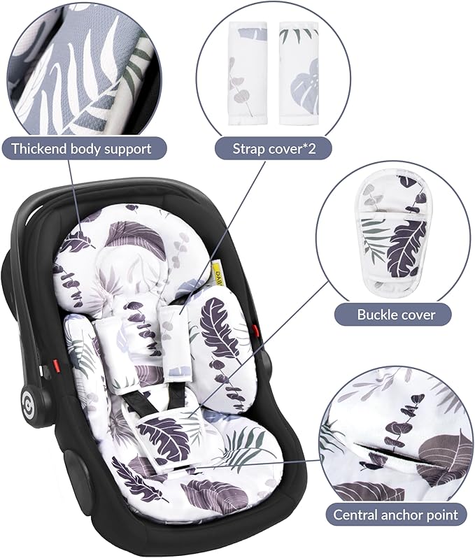 Newborn Car Seat Insert, Head and Body Support, Reversible Infant Insert Compatible with Baby Carseat, Stroller, Mamaroo Swing, Rocker, Bouncer. Baby Car Seat Cushion - Blue Leaf.