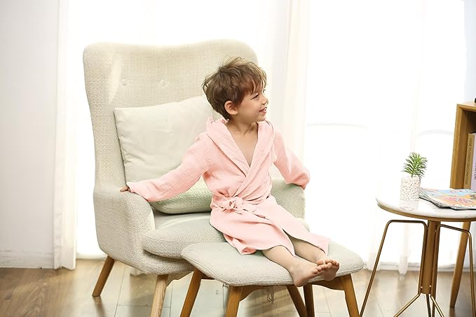 Organic Cotton Toddler Bathrobe, Soft and Breathable Baby Robe for Kid, Boy& Girl Hooded Robe Muslin