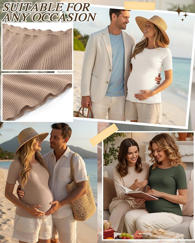 3 Pack Women's Maternity Ribbed Shirts Cotton Short Sleeve Pregnancy Tops Boat Neck Lettuce Trim Mama Clothes