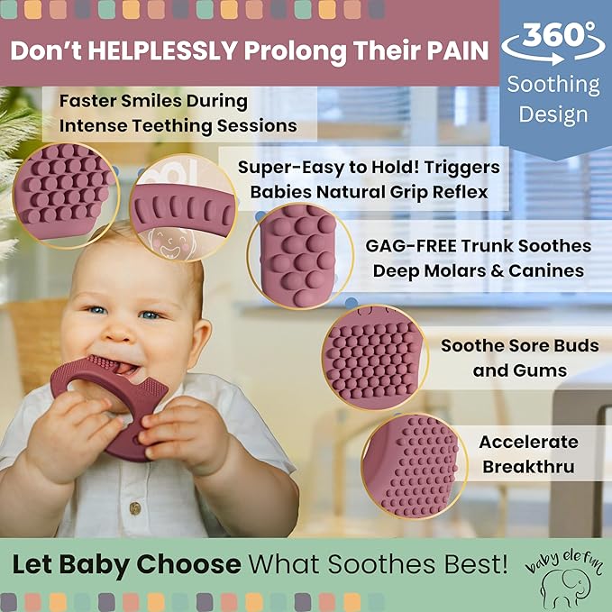 Baby Elefun Baby Teething Toys 5X Pain Relief Zero Delay 6-12 Months Plum