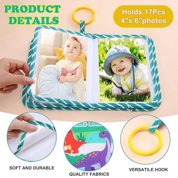 Baby Photo Album Holds 17 4x6 Pictures My First Soft Cloth Family Photo Book with Name Tag Stickers Fabric Kid Memory Keepsake Gift for Newborn Toddler Boy Girl Baby Shower(Green Dino)