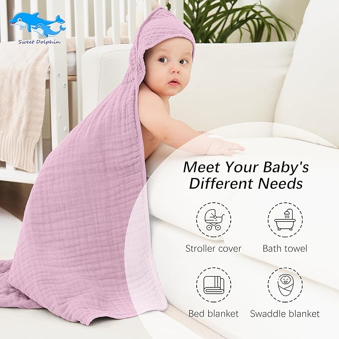 SWEET DOLPHIN Muslin Hooded Baby Bath Towels - 2 Pack 100% Cotton Towel for Babies, Infants, Toddlers - 32x32Inch - Highly Absorbent and Newborn Essential, Light Sakura