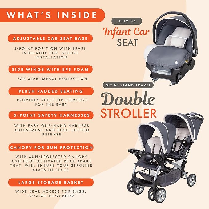 Baby Trend Infant and Toddler Double Stroller & Car Seat Combo, 2 Pc Set, Magnolia - Portable and Lightweight Stroller Duo and Car Seat Travel System Tandem