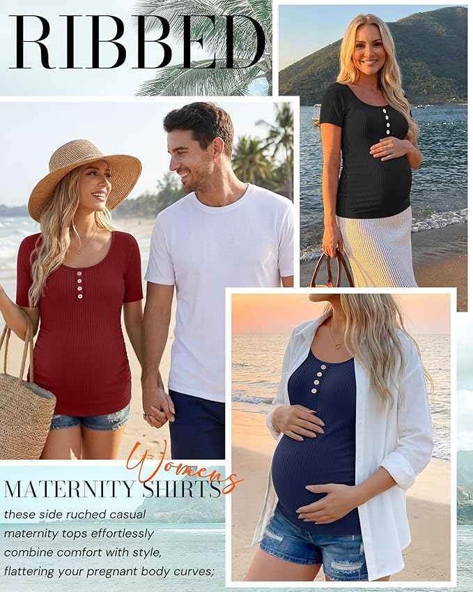 4 Pack Womens Maternity Shirts Scoop Neck Cotton Short Sleeve Ribbed Pregnancy Top Henley Side Ruched Mama Clothes