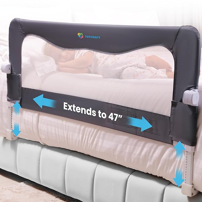 TotCraft MiniFlex Adjustable Length & Height Bed Rail for Toddlers – Fits Twin, Full & Queen Beds – 35.5″ or 47″ Two Fixed Lengths – 14 Height Levels – ASTM Certified Toddler Bed Rails for Kids (Grey)