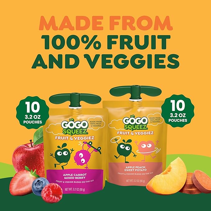 GoGo squeeZ Fruit & veggieZ Applesauce and Puree Variety Pack, Pedal Peach and Boulder Berry, 3.2 oz (Pack of 20), Unsweetened Snacks for Kids, BPA Free Pouches (Packaging May Vary)