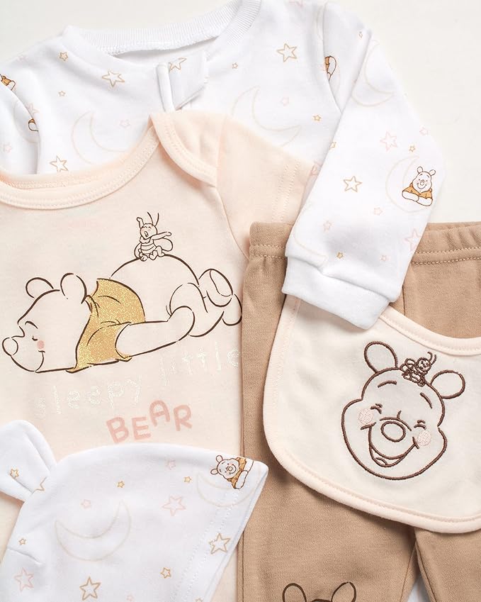 Disney Newborn Baby Girl Boy Clothes - 7 Piece Mickey Mouse Winnie the Pooh Bib Onesie Overall Beanie Pants Gift Bag Gift Set