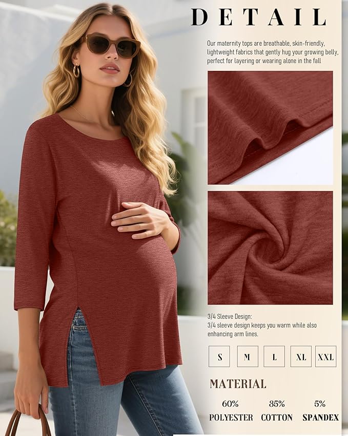 3 Pack Women's 3/4 Sleeve Maternity Shirts Elbow Length Clothes Round Neck Tunics Pregnancy Loose Side Split Tops