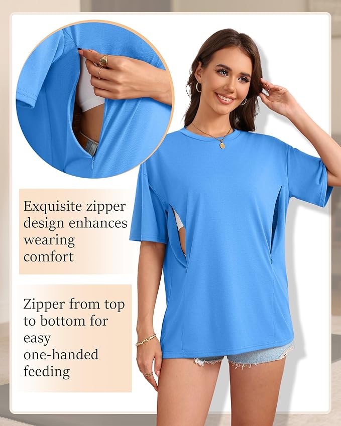 3 Pack Women's Oversize Nursing Breastfeeding Shirts Hidden Zipper Short Sleeve Loose Fit Maternity Tops