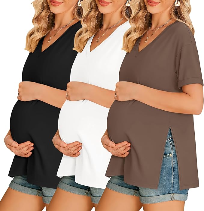 Ekouaer 3 Packs Women's Maternity Shirts V Neck Pregnancy Tops Short Sleeve Casual Workout Tees Side Split Mama Clothes