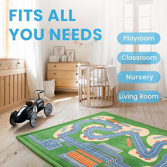 1.3" Thick Educational Baby Floor Play Mat 59x79, Basic Padded Memory Foam Kids Mat, Non-Slip Plush Playmat for Nursery Playroom Classroom (Race Track)