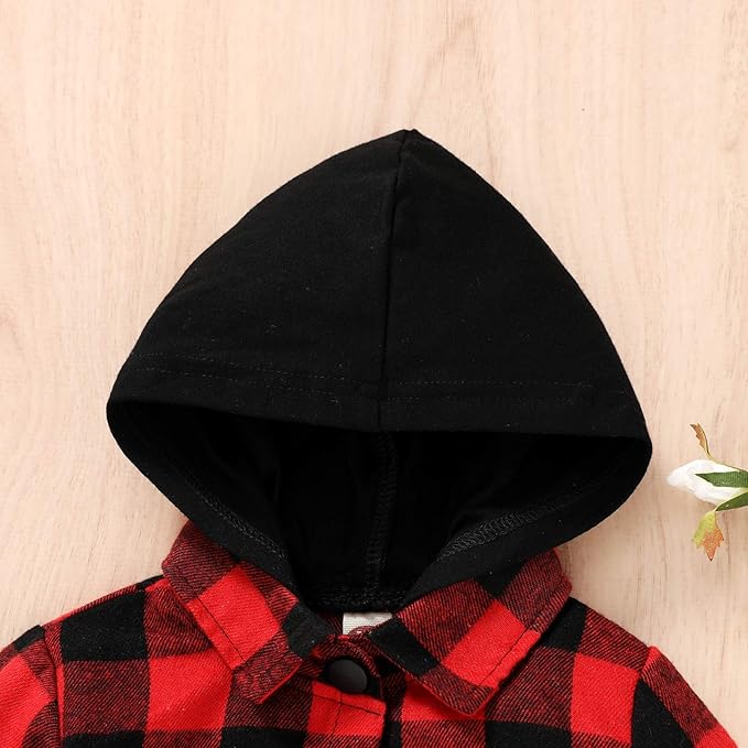 YOUNGER STAR Toddler Kids Boys Girls Flannel Hooded Plaid Shirt Button Baby Red Clothes