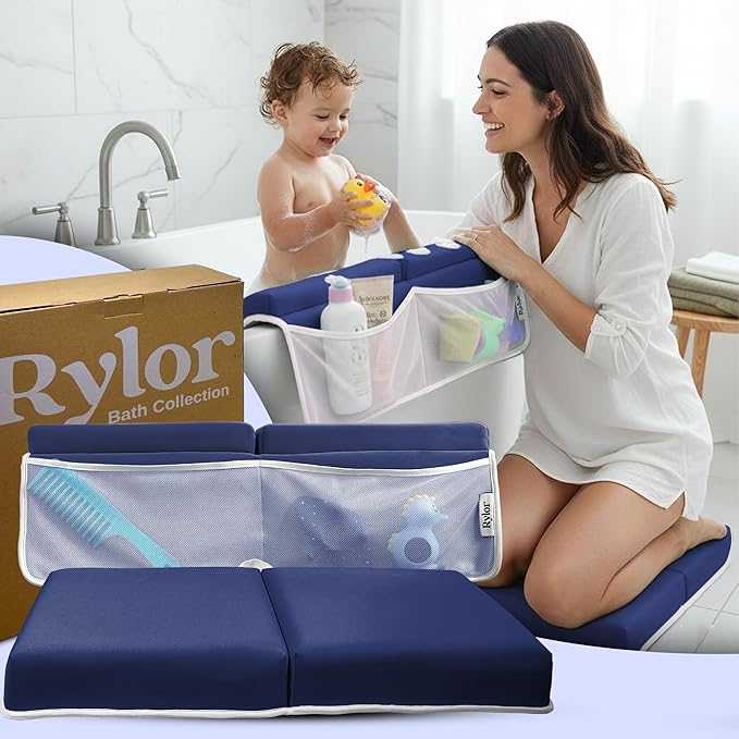 Rylor Premium Baby Bath Kneeler Mat & Elbow Rest Pad Set – Comfortable Bath Kneeler and Elbow Kneeling Rest Pad for Parents, Extra Long 26'', 2.4'' Thick, Non-Slip Support for Easy Bath Time (Blue)
