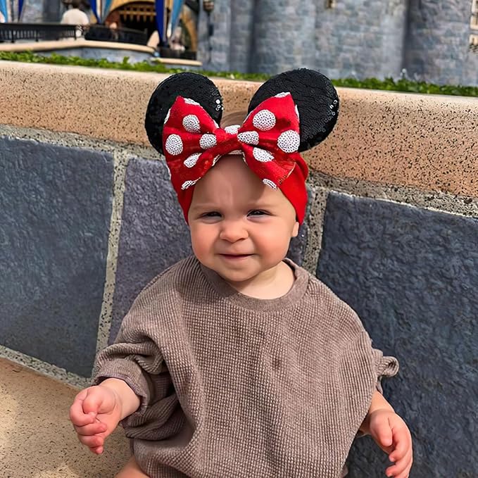 2Pcs Baby Girl Large Mouse Ears Dot Headbands with Sequin Bow, Wide Nylon Turban Hairband, Theme Park Headwear, Hair Bow Headband for Toddler, Kids, Party Supplies