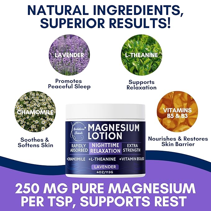 Brookethorne Naturals Nighttime Magnesium Lotion for Sleep | Lavender Magnesium Cream with L-Theanine & Chamomile | Topical Cream for Relaxation Adults & Kids | Non-Greasy, Vegan, Made in USA | 4oz