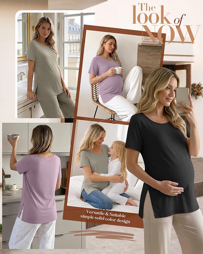 3 Pack Women's Maternity Shirts Short Sleeve Round Neck Side Split Pregnancy Tops Loose Summer Casual Mama Clothes
