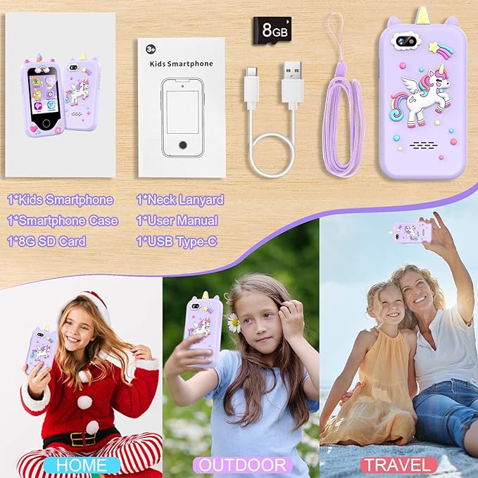 Kids Phone for Girls, Toddler Smart Phone for Girl 3 4 5 6 7 8 Years Old, Birthday Gift for Age 3-8, Pretend Play Phones with Educational Games, MP3 Music Player, Learning Toys for Boys(Purple)