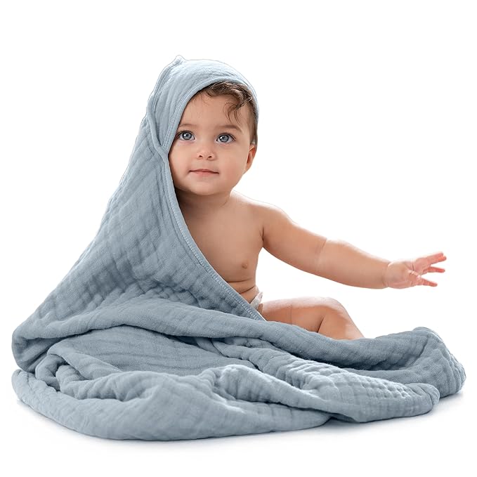 Comfy Cubs Hooded Baby Towel 1-Pack, Large 32 x 32 Inch - 6 Layer 100% Muslin Cotton for Babies, Toddlers and Kids - Soft & Absorbent Baby Bath Towels - Unisex Design for Bath Time - Pacific Blue