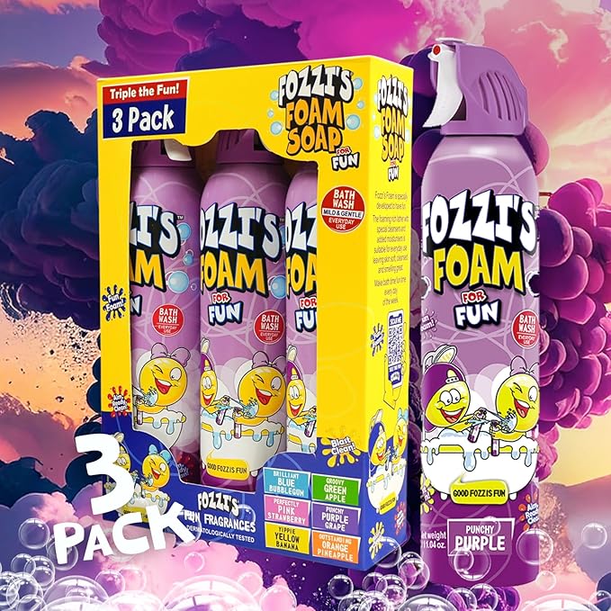 FOZZI'S Punchy Purple Bath Foam Soap for Kids (3 Pack) - Fun Aerosol Spray - Squishy Bubble Soap for Playtime - Gentle Cleanser Foaming Body Wash - Safe Bath Fun for Everyday Wash