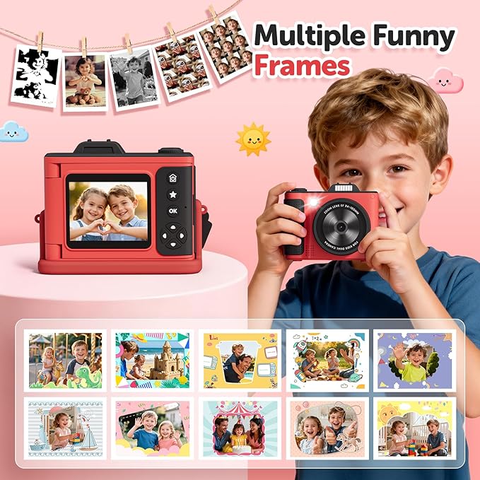 Kids Camera, Christmas Birthday Gifts for Boys Girls Age 3-12,Upgrade HD Flip Digital Video Cameras for Kids, Portable Toys for 3 4 5 6 7 8 9 10 Year Old Childrens with 32GB SD Card-Red