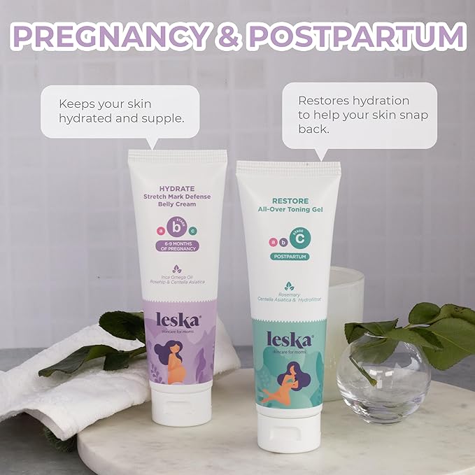 Leska Maternity Stages B & C Set | HYDRATE Belly Cream & RESTORE All-Over Toning Gel | Pregnant Moms Months 6-9 and Postpartum | Part of Complete 3-Part Maternity Skincare System (Set of 2, 4oz each)