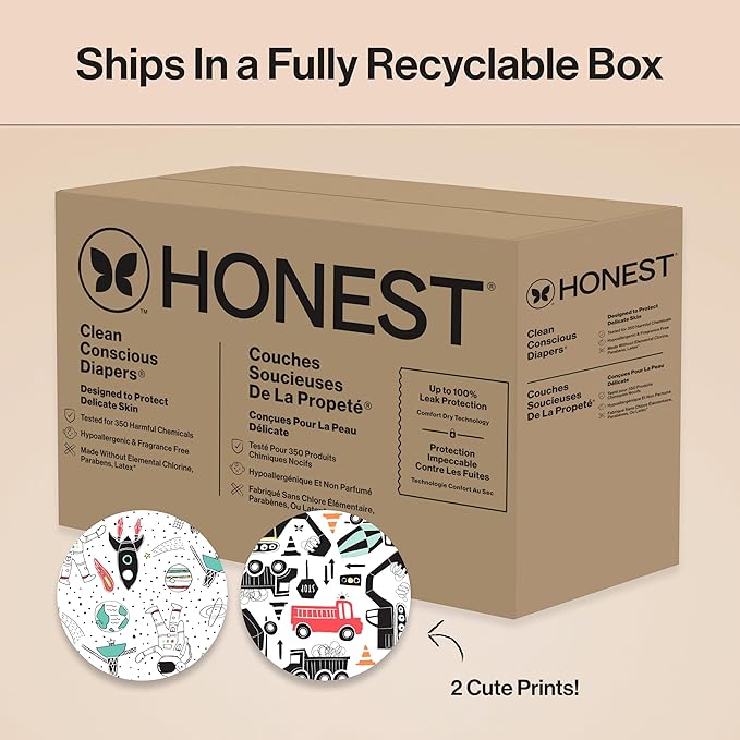 The Honest Company Comfort Dry Disposable Diapers for Sensitive Skin, Hypoallergenic, Space Travel + Big Trucks, Super Club Box Size 4 (22–37 lbs) 104 Count
