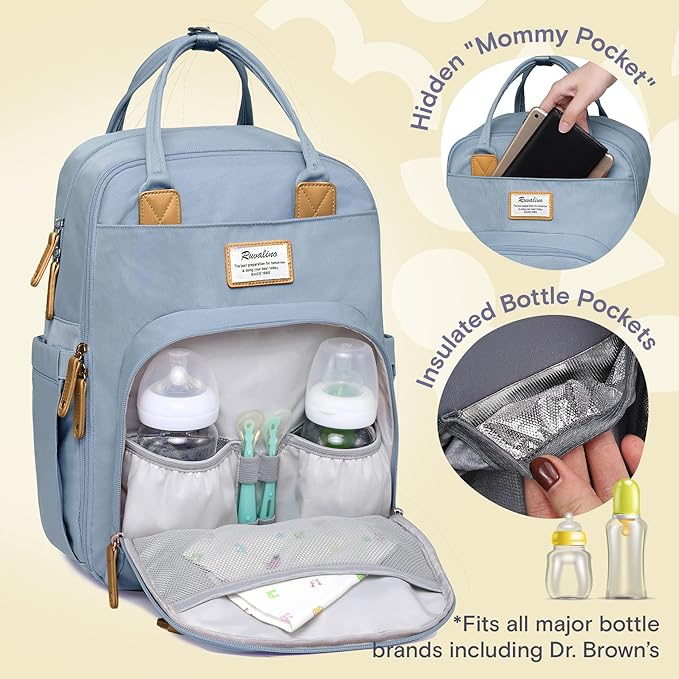 RUVALINO Diaper Bag Backpack-Multifunction Baby Travel Bag with Changing pad, Insulated Bottle Holders & Pacifier Case, Large Capacity, Waterproof, Sky Blue
