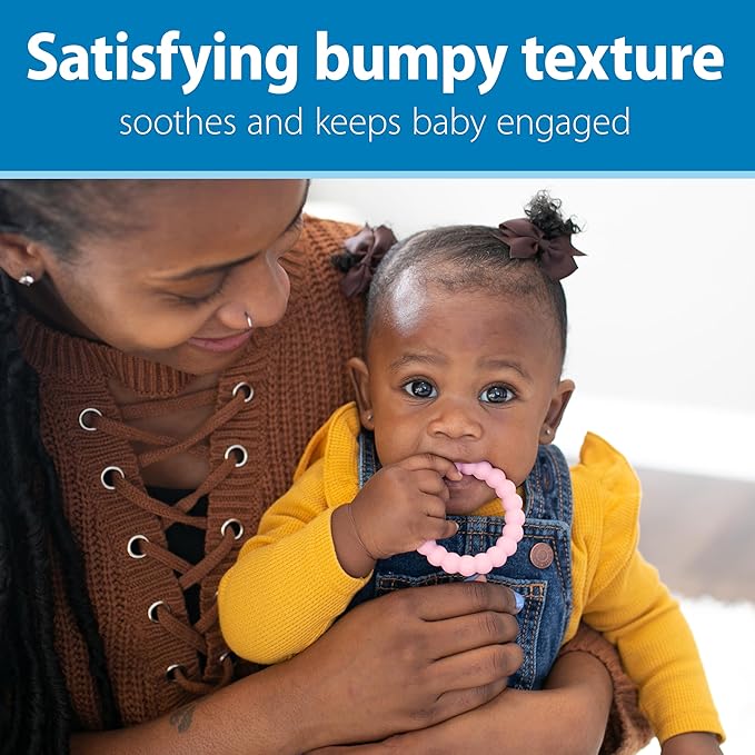 Dr. Brown's Flexees Teether Rings, 100% Silicone, Soft and Easy to Hold, Encourages Self-Soothe, 3 Pack, Blue, Light Blue, Black, BPA Free, 3m+
