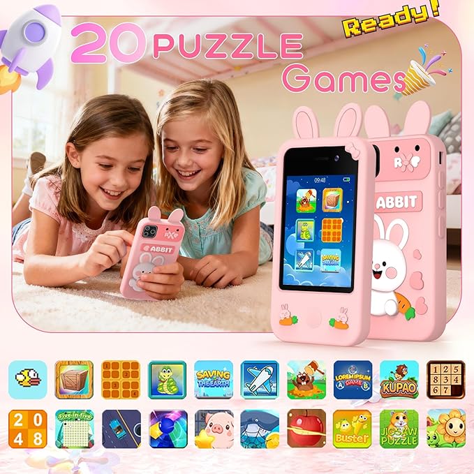 Kids Smart Phone Toy - Toddler Cell Phone 2.8" Touchscreen Dual Camera with 20 Puzzle Games, Safe No WiFi for Kids 3-6, Educational Play Phone, Durable for 5 Year Old Boys Girls (Pink)