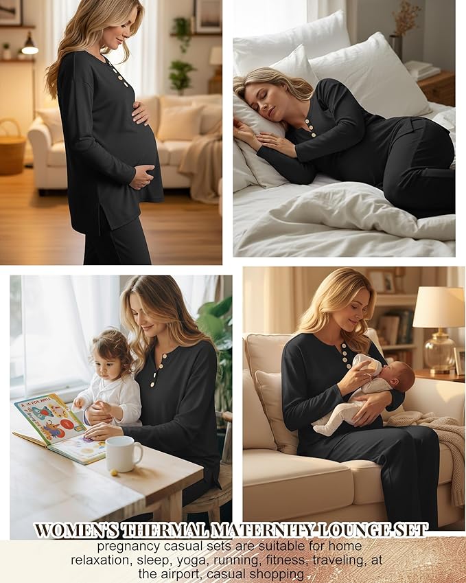 2 Piece Thermal Maternity Lounge Set Postpartum Pregnancy Fleece Loungewear Long Sleeve Top and Wide Leg Pant
