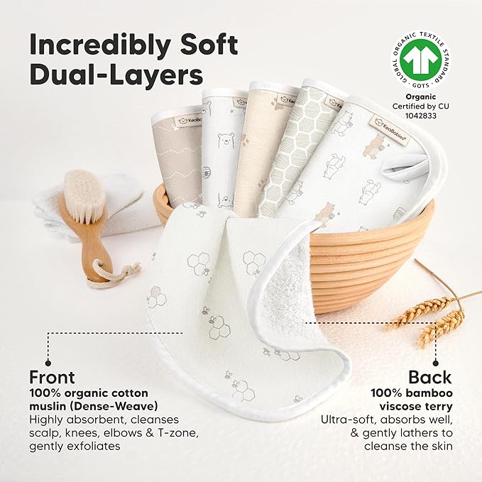 6-Pack Cotton Baby Washcloths for Newborn - Organic Cotton Muslin Soft Wash Cloths for Babies, Infant, Kids,Toddler Towels for Boy,Girl,Super Absorbent Face Cloths,Scratch-Free Baby Rags (Bumbly)