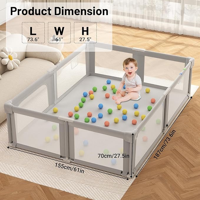 Baby Playpen, 73" x 61" Large Foldable Playpen with Mat for Babies and Toddlers, Play Pen with Soft Breathable Mesh, Ocean Balls and Pull Links, Baby Playard for Indoor & Outdoor, Gray