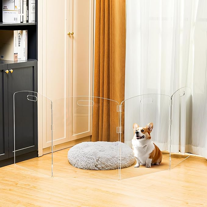 Modern Frame Clear Acrylic Freestanding Pet Gate - 24" High Extra-Wide Folding 4-Panel Dog Barrier for Doorways, Stairs & Large Openings, Indoor Fence for Dogs, Puppies & Cats