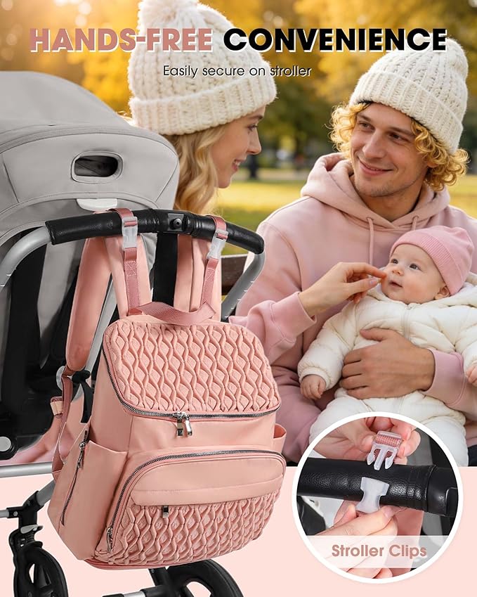Diaper Bag Backpack, Large Baby Bag for Girl Boy, Travel Diaper Backpack with Insulated Pocket, Cute Diaper Bag Stroller Straps, Baby Shower & Registry Gift for Mom Dad Pink