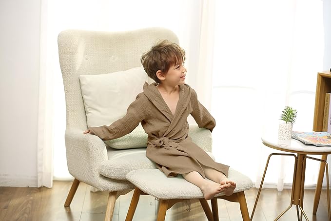 Organic Cotton Toddler Bathrobe, Soft and Breathable Baby Robe for Kid, Boy& Girl Hooded Robe Muslin