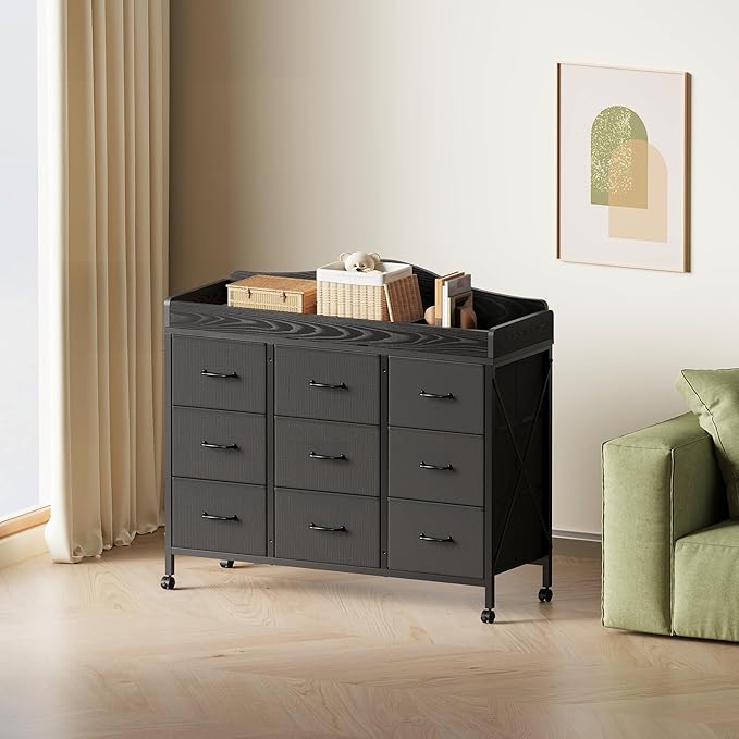 Baby Changing Table with 9 Fabric Drawers, Waterproof Diaper Changing Station & Pad, Mobile Nursery Diaper Changing Table, Baby Furniture, Bedroom, Black