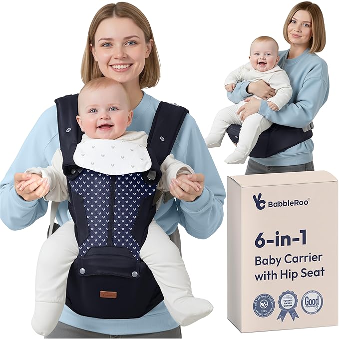 BabbleRoo Grow Carrier – Safety-Certified 6-in-1 Toddler & Baby Carrier with Hip Seat, Ergonomic & Adjustable Toddler Carrier 7-50 lbs with Hip Support, Hood for Sun Protection, Newborn to Toddler