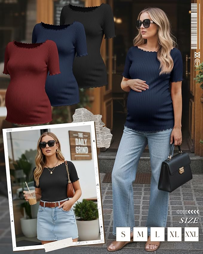 3 Pack Women's Maternity Ribbed Shirts Cotton Short Sleeve Pregnancy Tops Boat Neck Lettuce Trim Mama Clothes