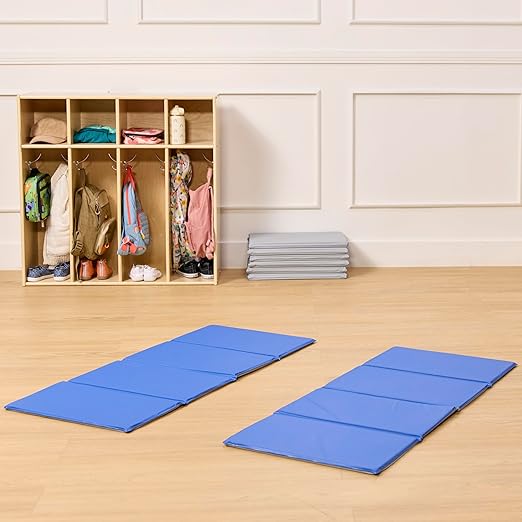 ECR4Kids Everyday Folding Rest Mat, 4-Section, 5/8in, Sleeping Pad, Blue/Grey, 5-Pack
