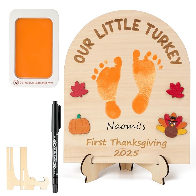 R HORSE DIY Thanksgiving Footprint or Handprint Art Sign with Ink Pad, 3D Turkey Newborn Milestone, Baby’s 1st Thanksgiving Footprint Keepsake Craft Gift Our Little Turkey Baby Shower Nursery Decor
